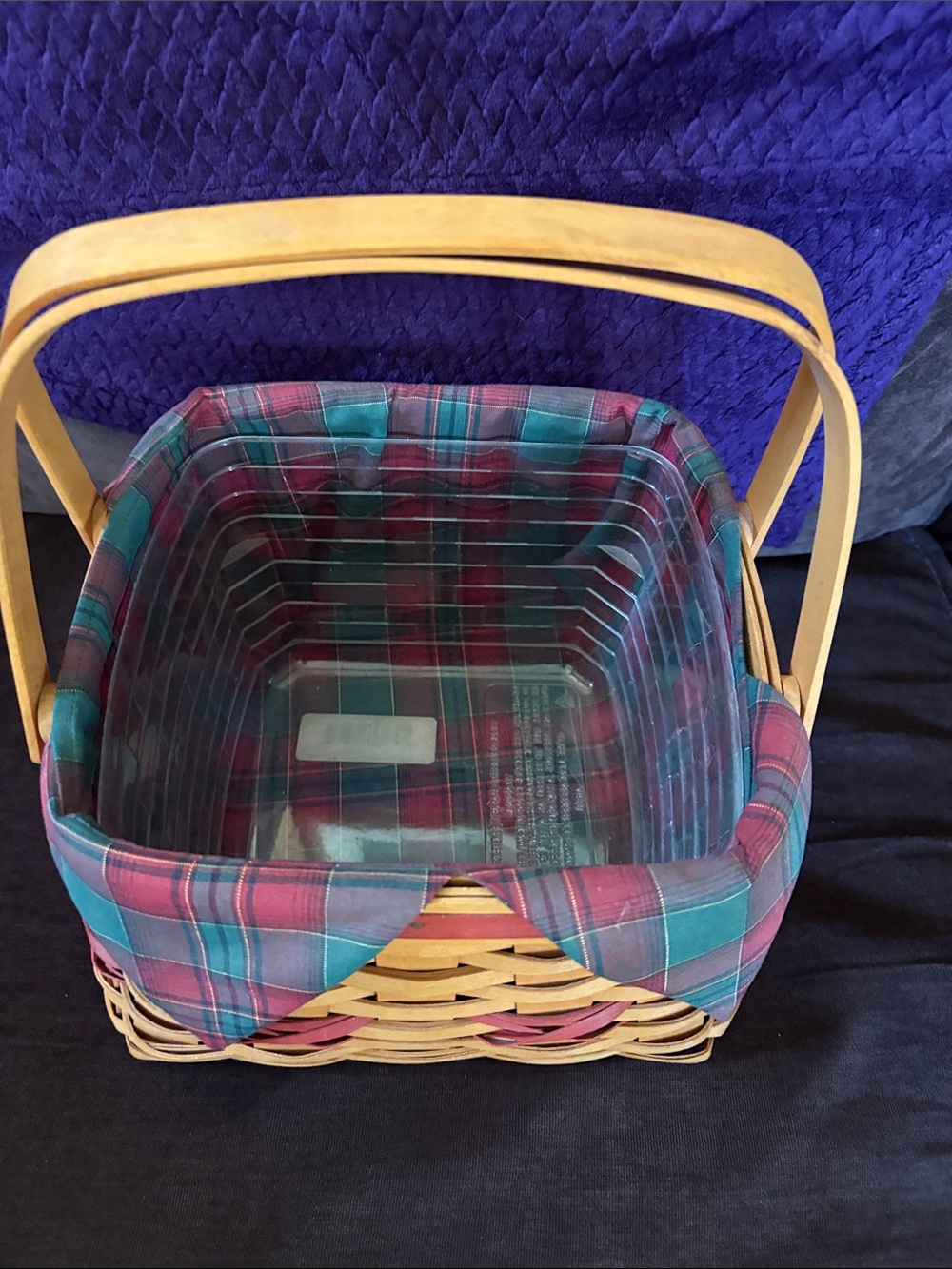 Longaberger Woven Picnic Basket with Plaid Liner - green and red - Picture 4 of 4